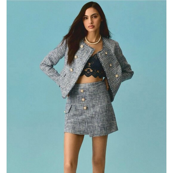 Maeve Anthropologie NWT Blue Tweed Mini Wrap Skirt Suit Set Size 2/4 - Picture 1 of 13